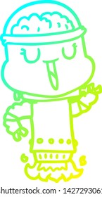 cold gradient line drawing of a happy cartoon robot flying