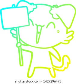 dibujo de una línea de degradado frío de un pequeño perro de dibujos animados alegre sujetando un cartel