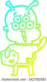 cold gradient line drawing of a happy cartoon alien with moon rock