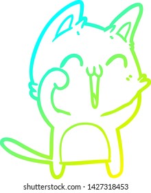 cold gradient line drawing of a happy cartoon cat meowing