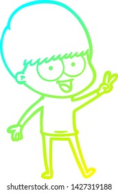 dibujo de línea de gradiente frío de un niño de dibujos animados feliz ondeando