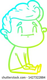 dibujo de una línea de degradado frío de un hombre de dibujos animados feliz sentado en el suelo
