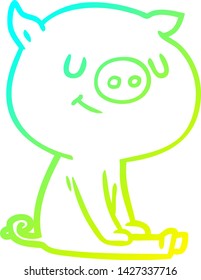 cold gradient line drawing of a happy cartoon pig sitting