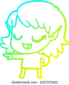 cold gradient line drawing of a happy cartoon elf girl pointing