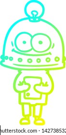 dibujo de línea de gradiente frío de un robot de cartón feliz con bombilla