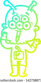 dibujo de línea de degradado frío de un extraterrestre de dibujos animados felices