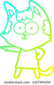 cold gradient line drawing of a happy cartoon cat in dress pointing