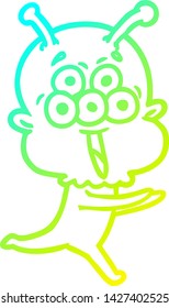 cold gradient line drawing of a happy cartoon alien running