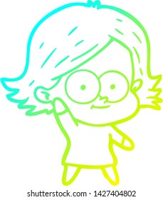 dibujo de línea de gradiente frío de una niña de dibujos animados feliz