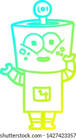 kalte Farbverlauf-Linie Zeichnung eines Happy Cartoon Roboters zu schwingen hallo