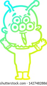 cold gradient line drawing of a happy cartoon alien