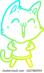 cold gradient line drawing of a happy cartoon cat