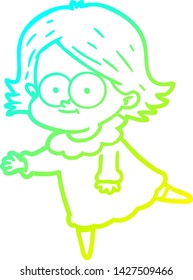 dibujo de línea de gradiente frío de una niña de dibujos animados feliz