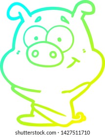 kalte Farbverlauf-Linienzeichnung eines Happy Cartoon Schweins