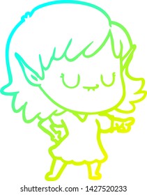 cold gradient line drawing of a happy cartoon elf girl wearing dress