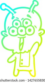cold gradient line drawing of a happy cartoon alien