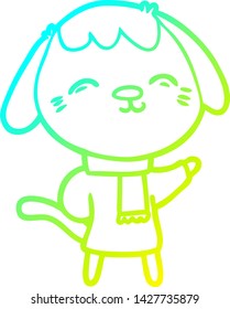 cold gradient line drawing of a happy cartoon dog in winter clothes