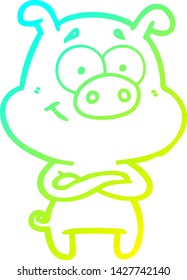 kalte Farbverlauf-Linienzeichnung eines Happy Cartoon Schweins