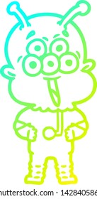 cold gradient line drawing of a happy cartoon alien