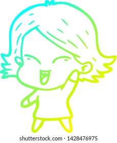 cold gradient line drawing of a happy cartoon girl