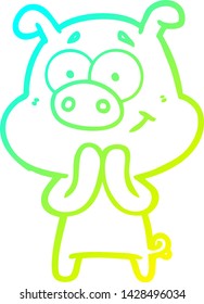 cold gradient line drawing of a happy cartoon pig