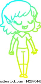 cold gradient line drawing of a happy cartoon elf girl