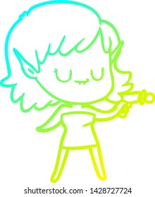 cold gradient line drawing of a happy cartoon elf girl