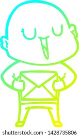 dibujo de línea de gradiente frío de un hombre calvo de caricatura feliz con paquete