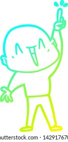 cold gradient line drawing of a happy cartoon bald man with great idea