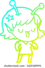 cold gradient line drawing of a happy alien girl cartoon laughing