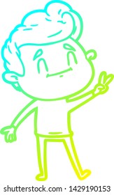 cold gradient line drawing of a happy cartoon man giving a peace sign