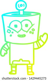 cold gradient line drawing of a happy cartoon robot waving hello