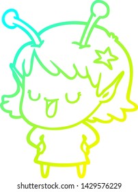 dibujo de línea de gradiente frío de una alegre caricatura de una chica alienígena