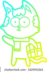 cold gradient line drawing of a happy cartoon cat with christmas present