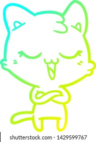 dibujo de línea de degradado frío de un gato de dibujos animados feliz
