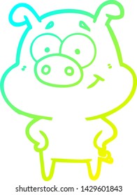cold gradient line drawing of a happy cartoon pig