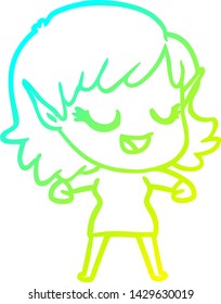 cold gradient line drawing of a happy cartoon elf girl