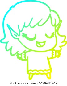 cold gradient line drawing of a happy cartoon elf girl