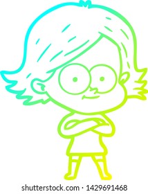 dibujo de línea de gradiente frío de una niña de dibujos animados feliz