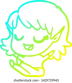 cold gradient line drawing of a happy cartoon elf girl sitting