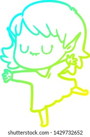 cold gradient line drawing of a happy cartoon elf girl wearing dress