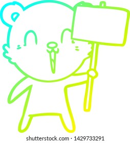 dibujo de línea de degradado frío de un oso de dibujos animados feliz con un cartel