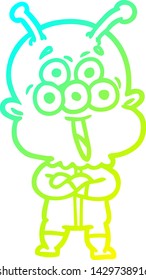 cold gradient line drawing of a happy cartoon alien