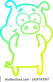 cold gradient line drawing of a happy cartoon pig
