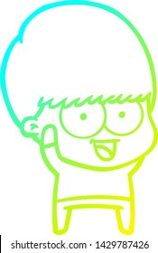 dibujo de línea de gradiente frío de un niño de dibujos animados feliz ondeando
