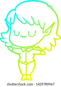 cold gradient line drawing of a happy cartoon elf girl