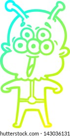 cold gradient line drawing of a happy cartoon alien