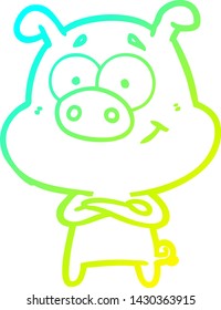 cold gradient line drawing of a happy cartoon pig