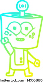 cold gradient line drawing of a happy cartoon robot waving hello