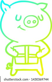 cold gradient line drawing of a happy cartoon pig with christmas present